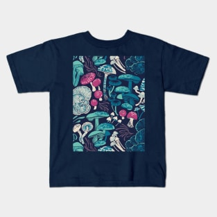 Mystical fungi // midnight blue background mint teal and dark pink wild mushrooms Kids T-Shirt